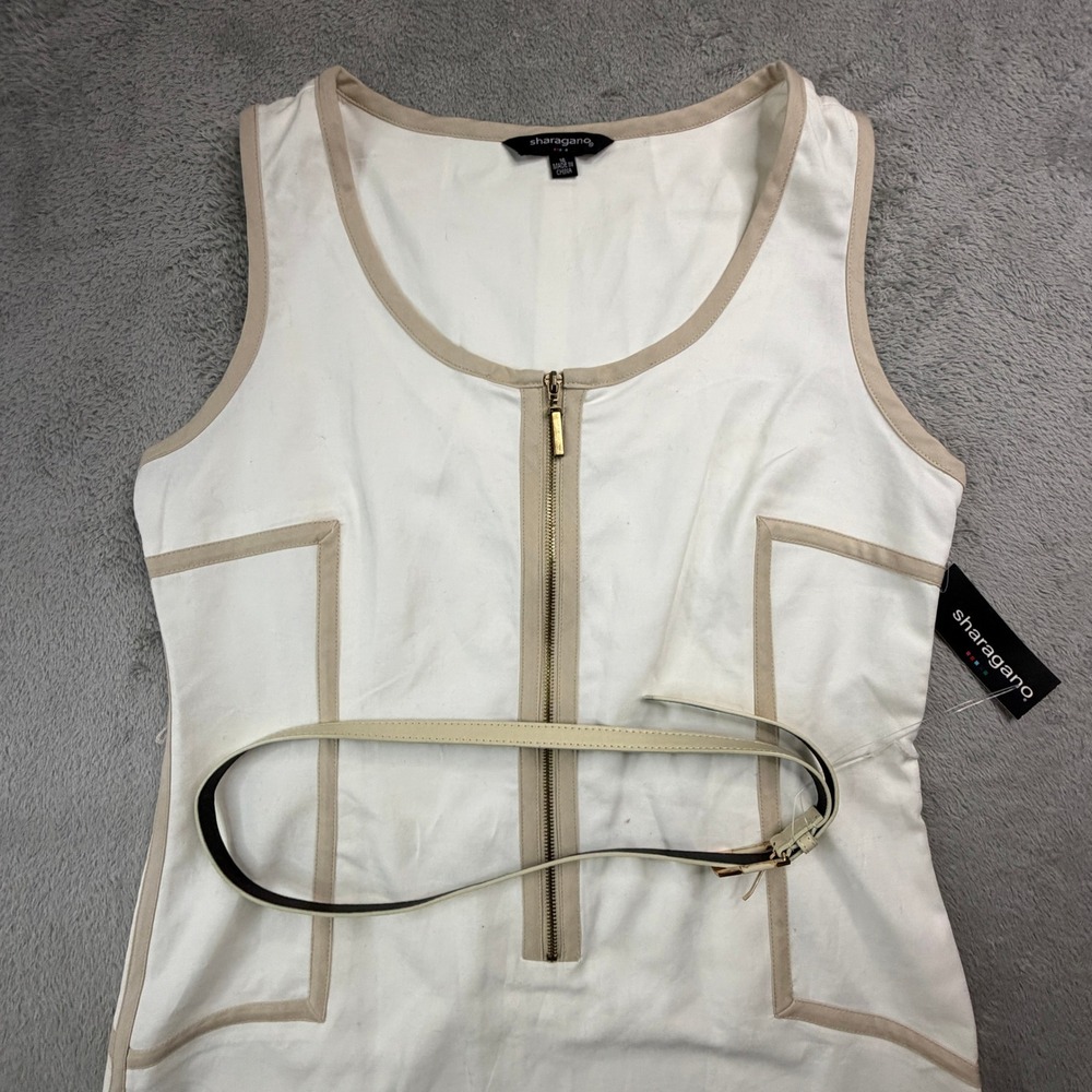 NWT Sharagano Womens White Tan Belted Zip Front Sleeveless Sheath Dress Size 16 - Picture 3 of 14